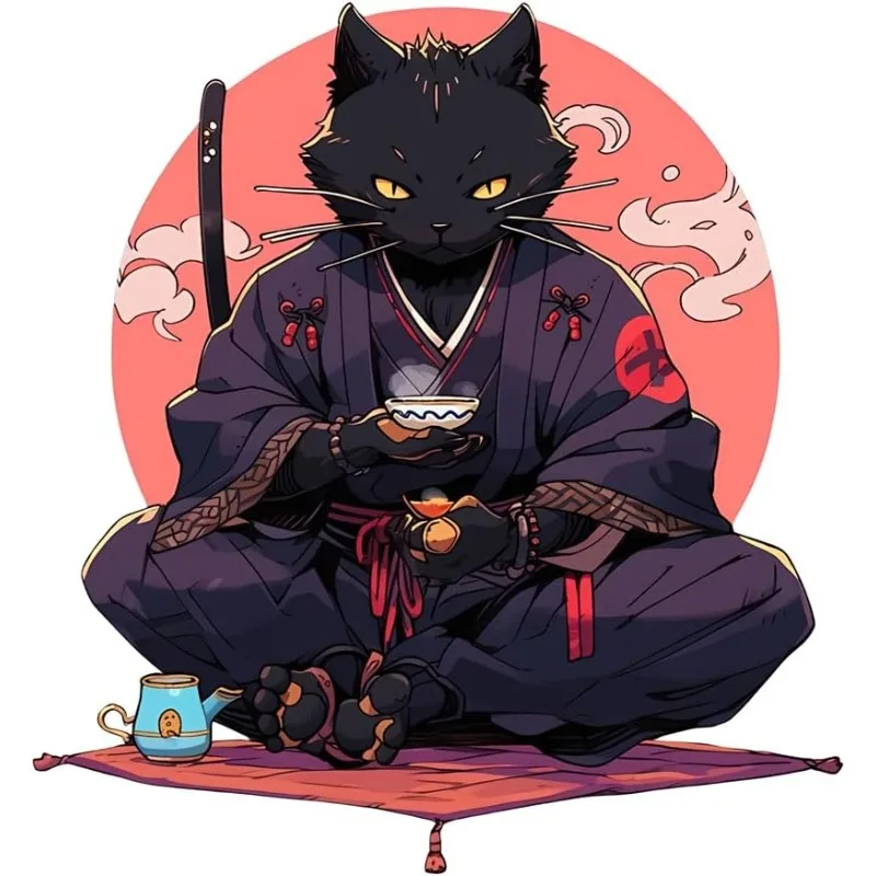 1Pc 2D Flat Japanese Samurai Cat Vinyl Sticker 13Cm, Waterproof Decal For Car Body Motorcycle Camper Luggage Decor, Holiday Gift