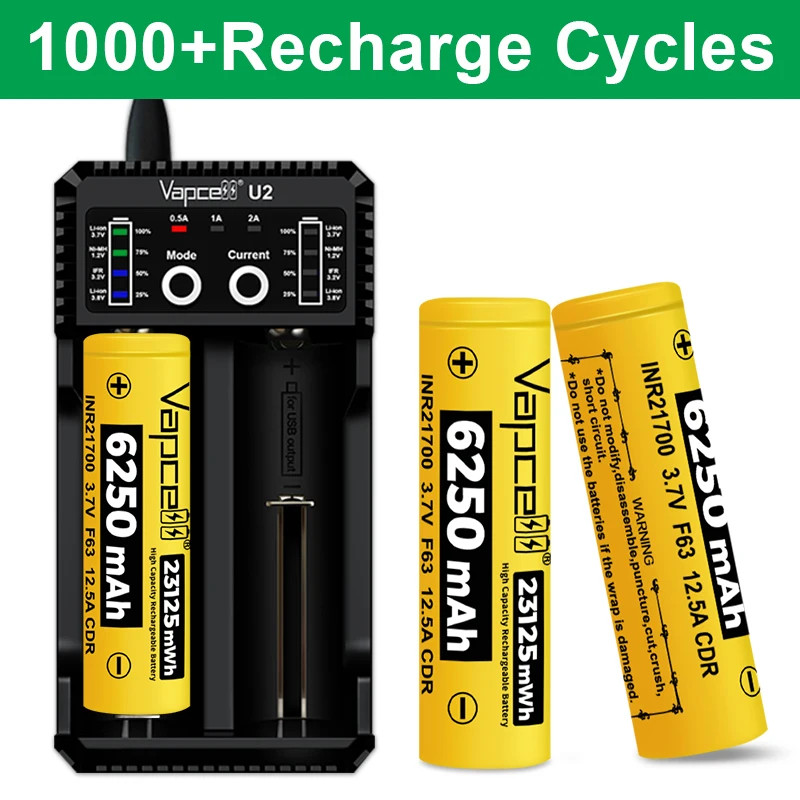 بطارية Vapcell F63 21700 جديدة 6250mah 3.7V 12.5A بطاريات ليثيوم قابلة لإعادة الشحن INR21700 لمصباح يدوي خلية ذات سعة عالية