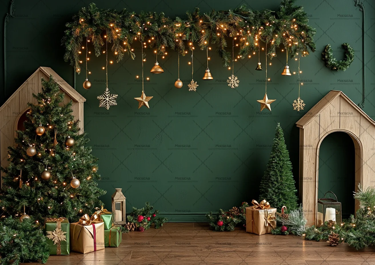 Vintage Green Wall Christmas Photography Backdrop Wooden Cabin Xmas Tree Garland Bell Snowflake Gift Boxes Background Props