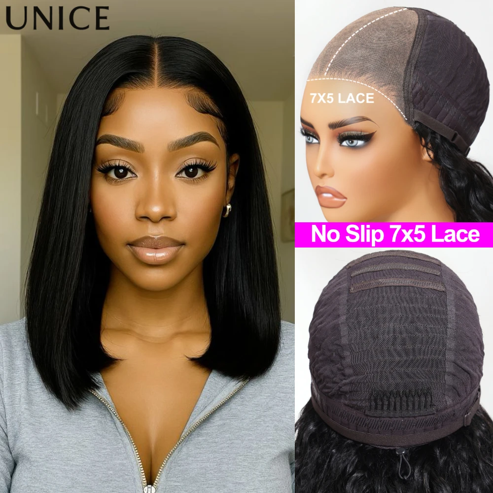 

UNice No-Slip Cap 7x5 Lace Straight Bob Wig With Drawstring 100% Human Hair Glueless Short Bob Wigs