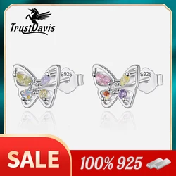 TrustDavis Real 925 Sterling Silver 2024 Colour Shiny CZ Butterfly Stud Earrings For Daughter Girls Fine 925 Jewelry Gift DG0037
