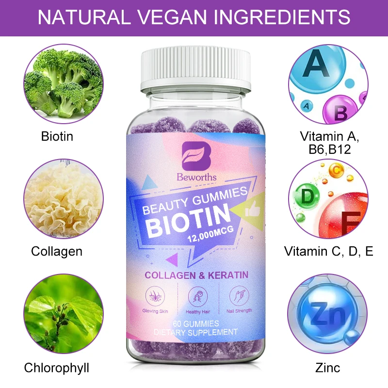 Vitamin Biotin Gummies 12,000 mcg for Stronger Hair, Skin & Nails - 60 Gummies