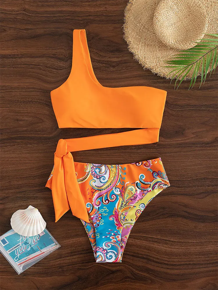 Conjunto de Bikini con Push-Up para mujer, traje de baño de un solo hombro a rayas de corte alto con relleno, ropa de playa para verano, 2024