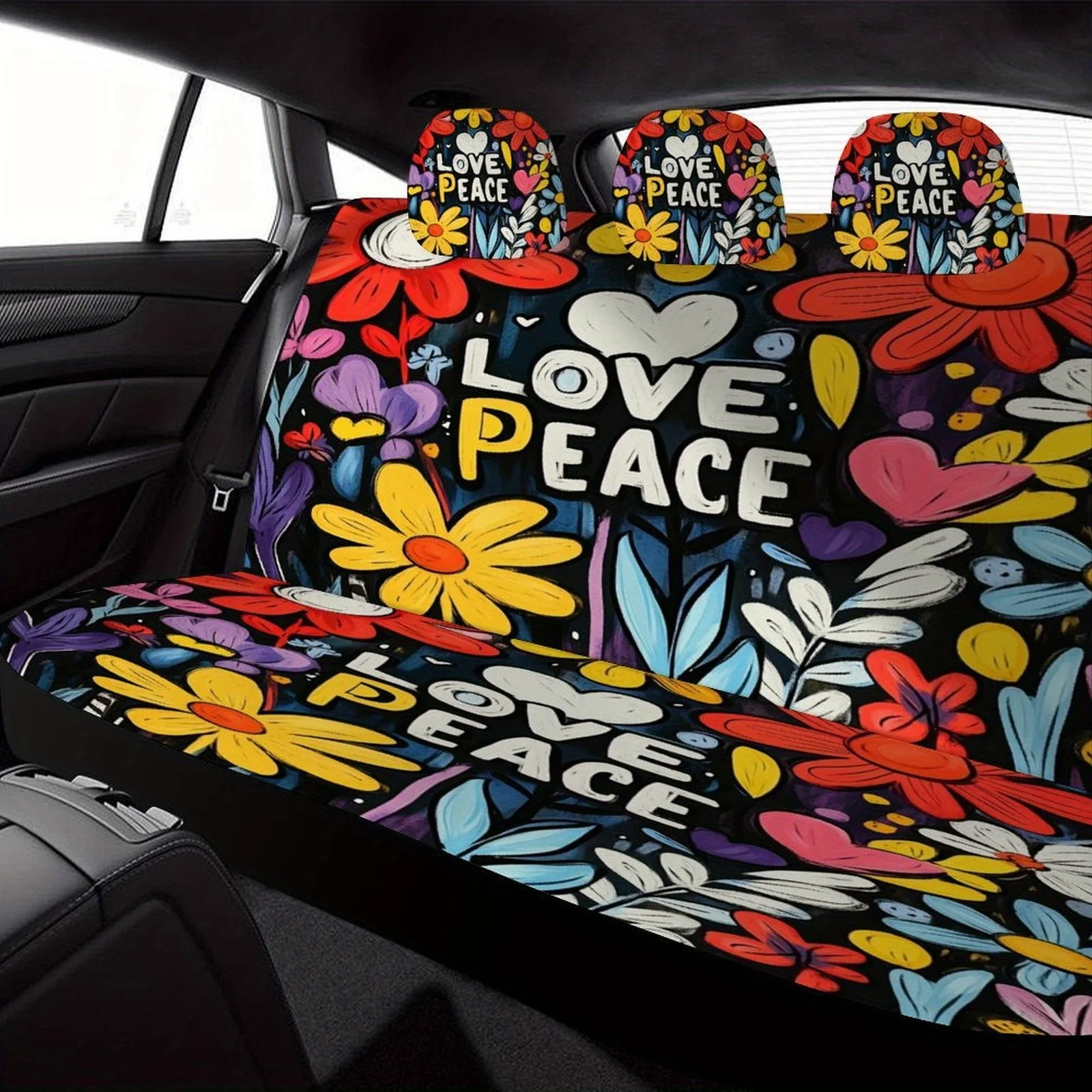 Universal Car Seat Cover Set Featuring Floral Designs, Offering Love And Peace. This Trendy, High-Quality Full Set Includes Cove