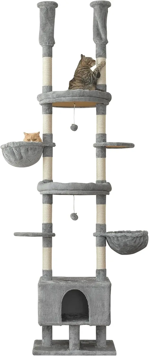 

Cat Tree, Floor to Ceiling Cat Tower Adjustable Height [92-102 in=234-258cm], 7 Tiers Cat Climbing Play House with Scratching