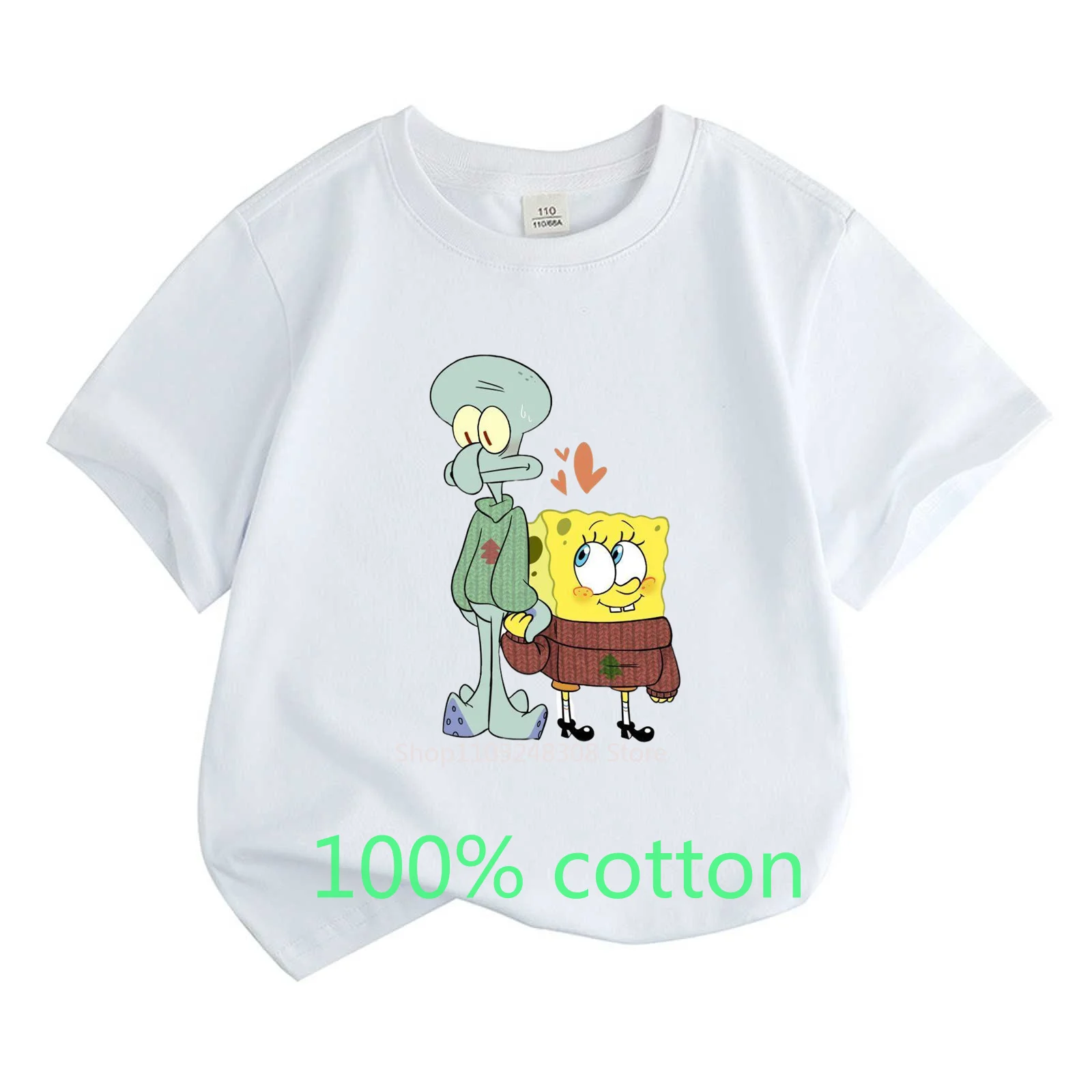 Squidward and SpongeBob T-shirt 100%Cotton Summer Children  Round Short-sleeved Anime Boys Girls  Fashion Kids Clothes Top