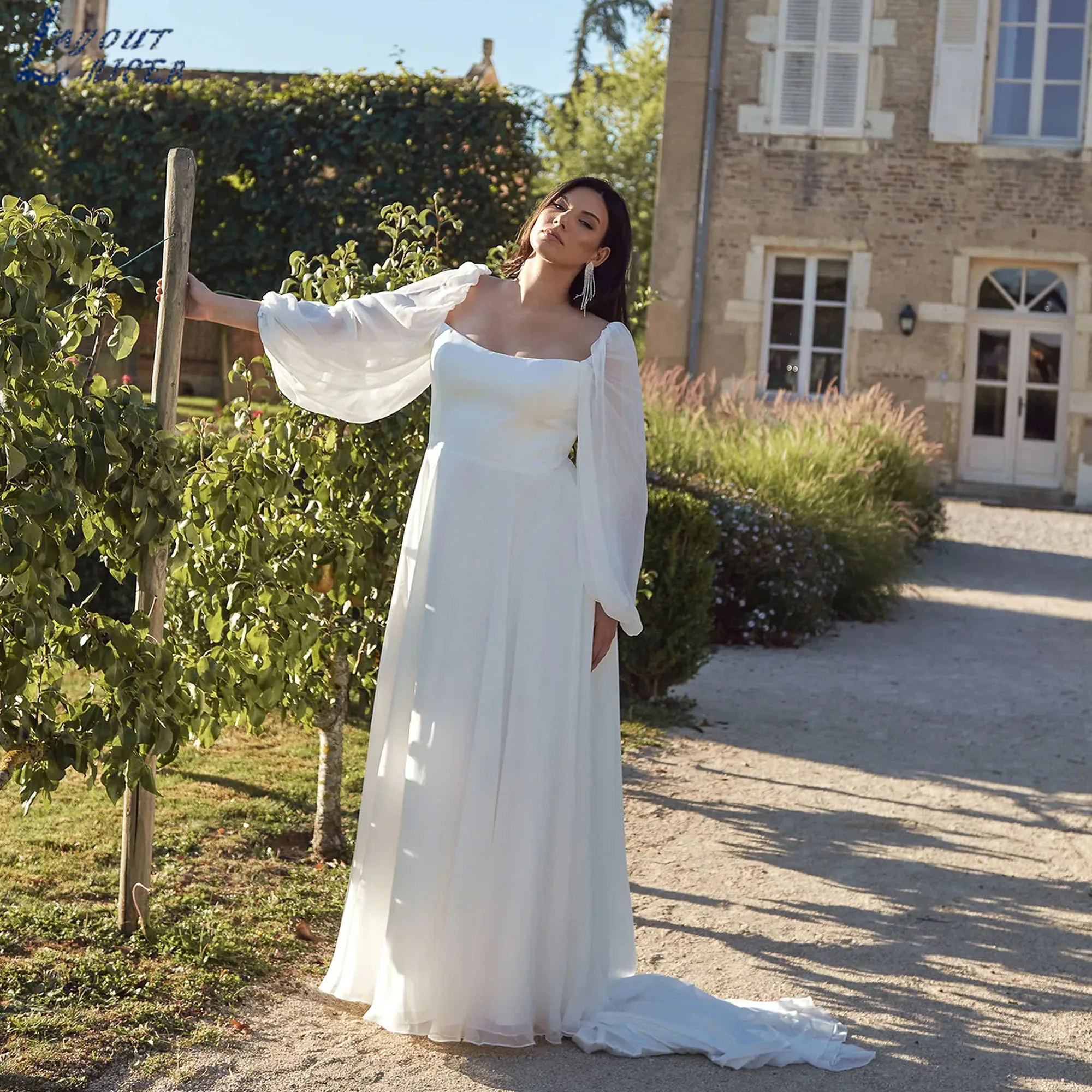 

LAYOUT NICEB Plus Size Bridal Gowns Simple Square Neck Long Puff Sleeve Wedding Dress Backless Boho vestidos de novia Customized