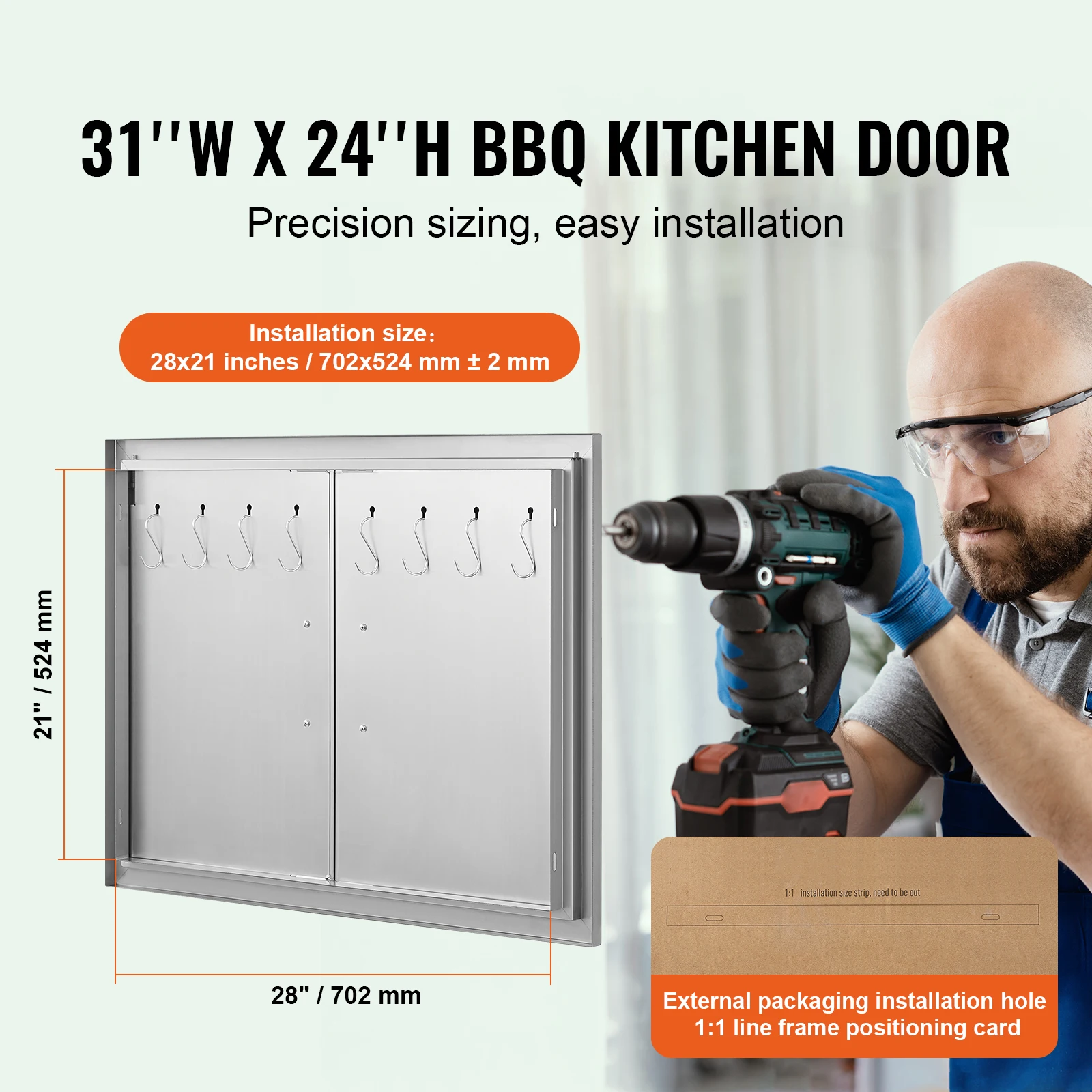 BBQ Access Door, 31W x 24H Inch Double Outdoor Kitchen Door, Stainless Steel Flush Mount Door, Double Wall Vertical Door with Handles and Hooks, Grilling Station, Outside Cabinet