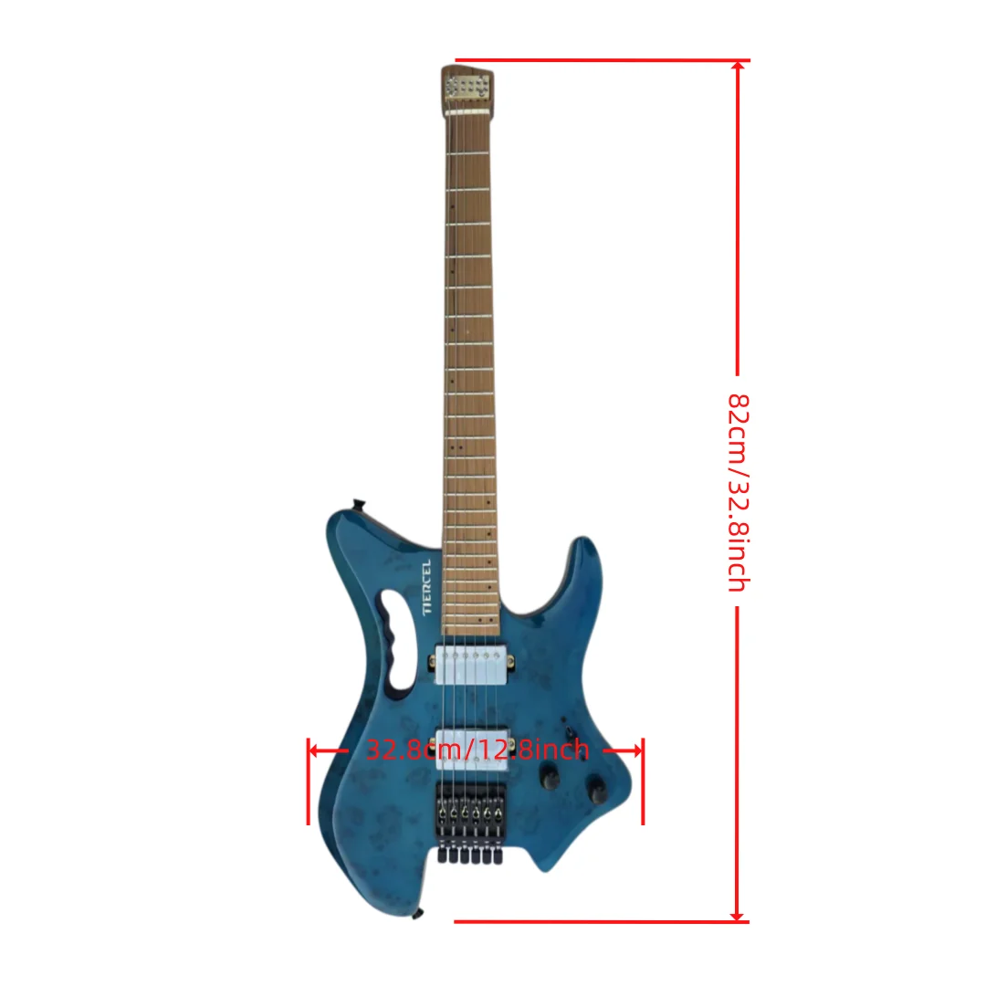 Burl-patterned veneer, blue headless electric guitar, beginner electric guitar, band guitarist, ideal for rock music view 2