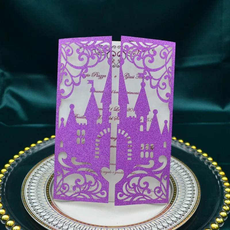 

Gatefold wedding decoration church design wedding invitations glitter violet rose gold invitation laser cut wedding cards