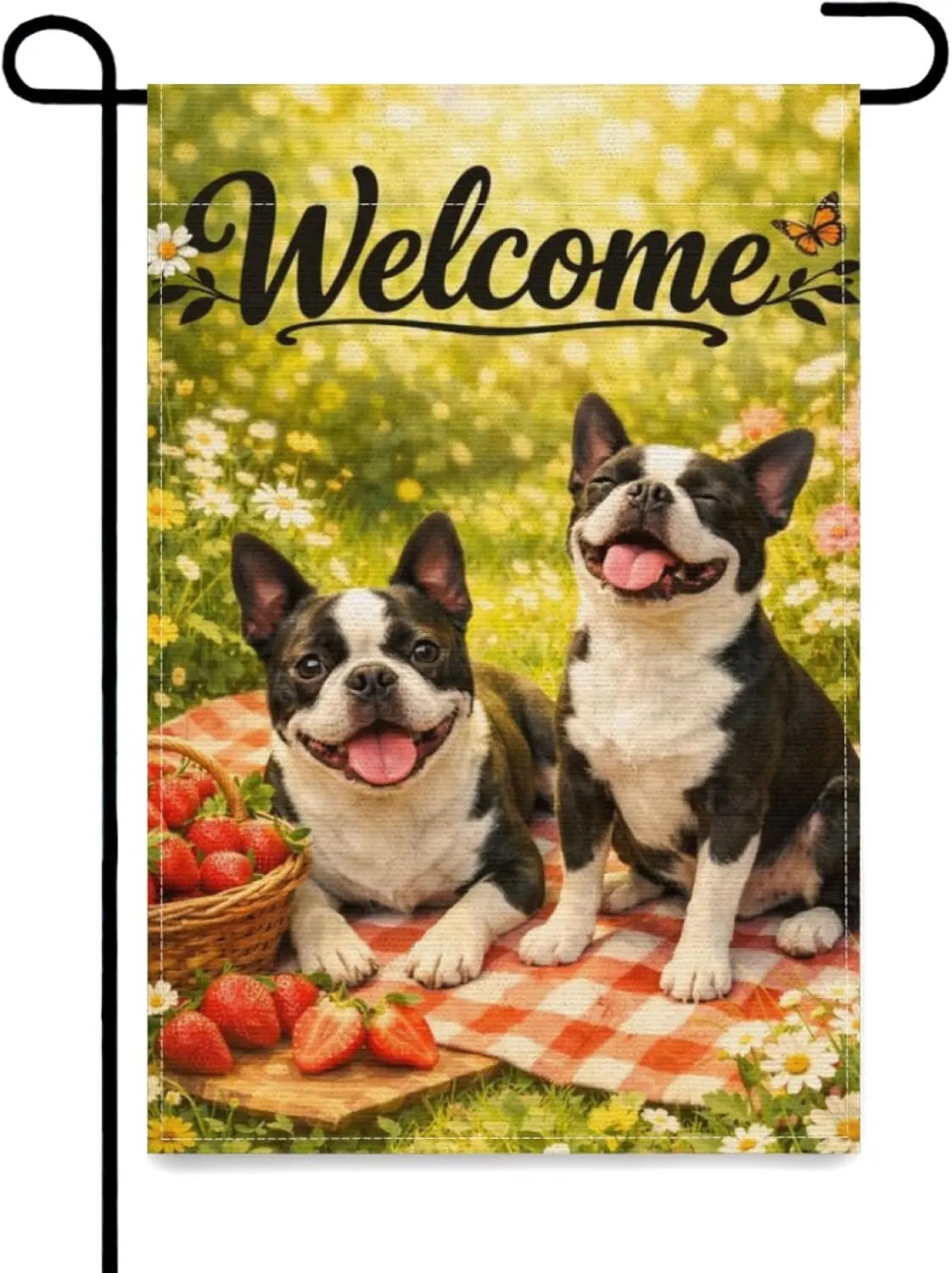 Fun Boston Terrier Dog Welcom Garden Flag 12x18Inch Double Sided,Spring Summer Outdoor Yard Decor,Cute Animals Flowers Straw AAS