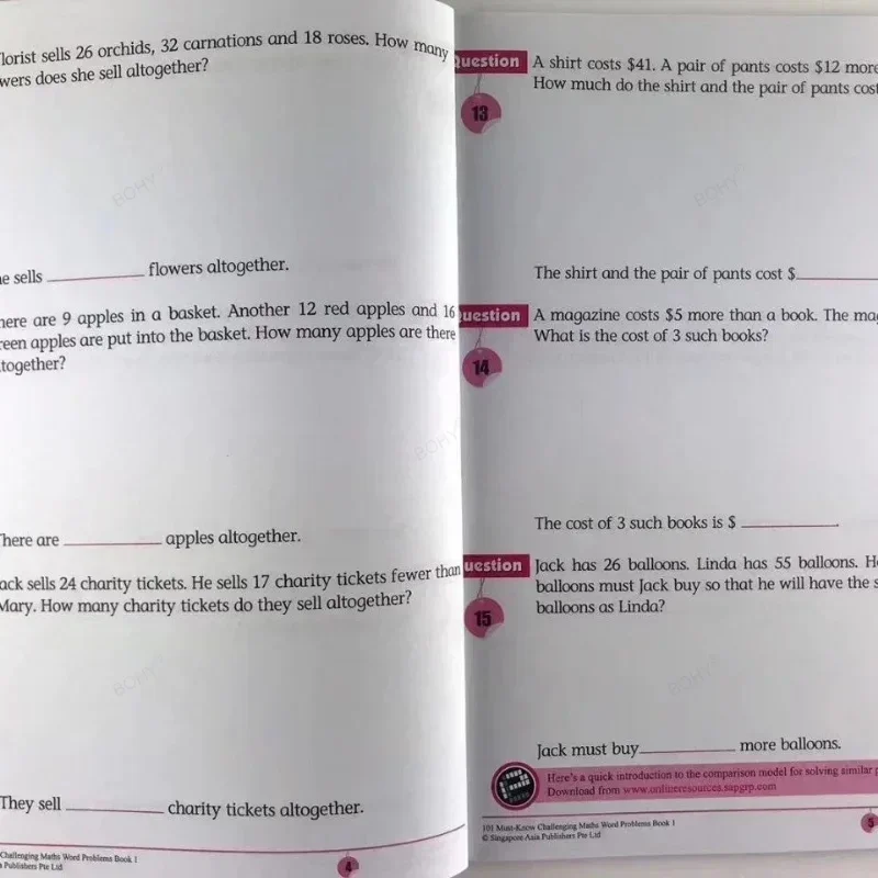 101 livros desafiadores de problemas de palavras de matemática, singapura, escola primária, 1 a 6, livro de prática de matemática, livro em inglês, 6 livros/conjunto