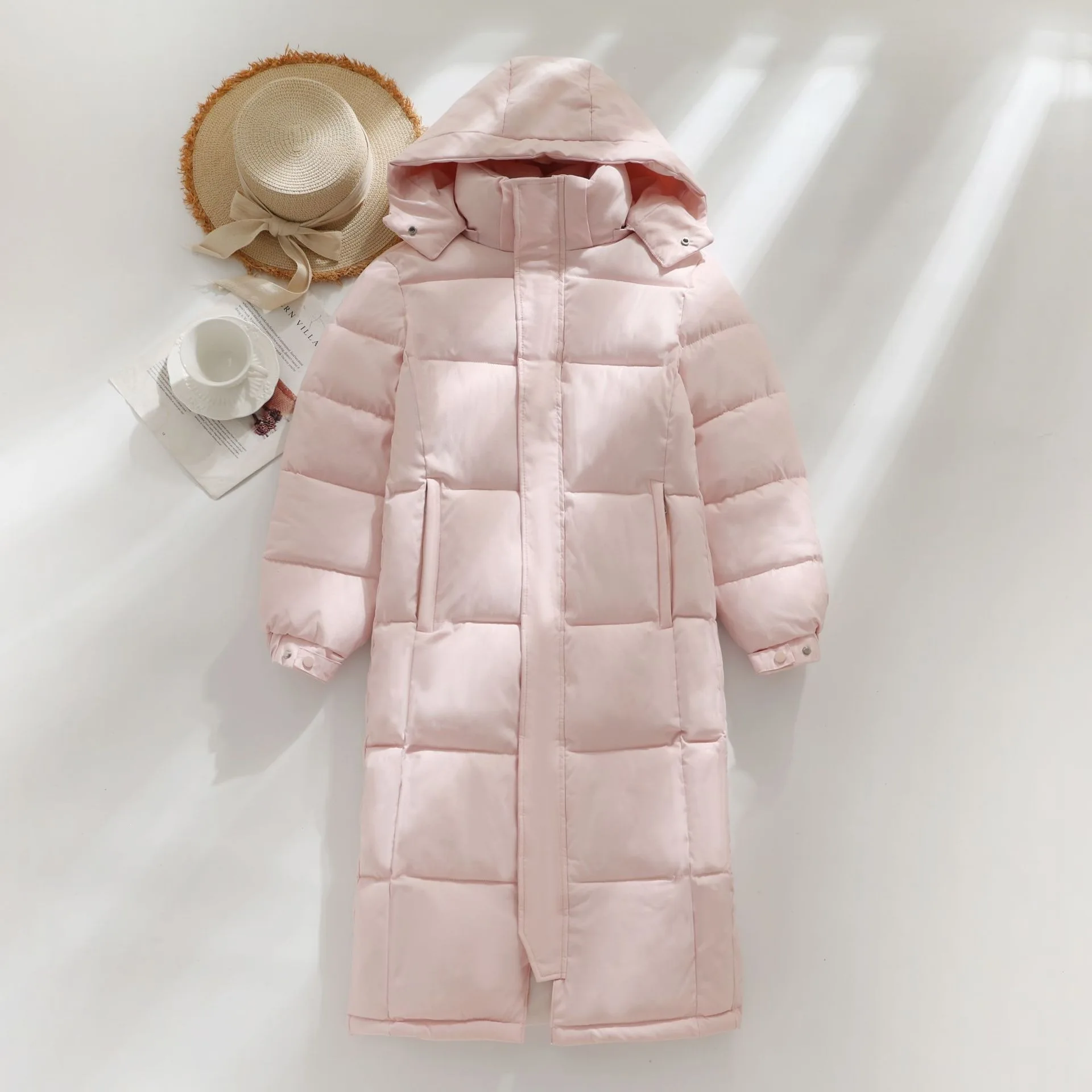 Women Light Blue Long Hooded Puffer Coat Thick Warm Cotton Padded Jacket 2026 Winter Zipper Solid Color Streetwear Outerwear