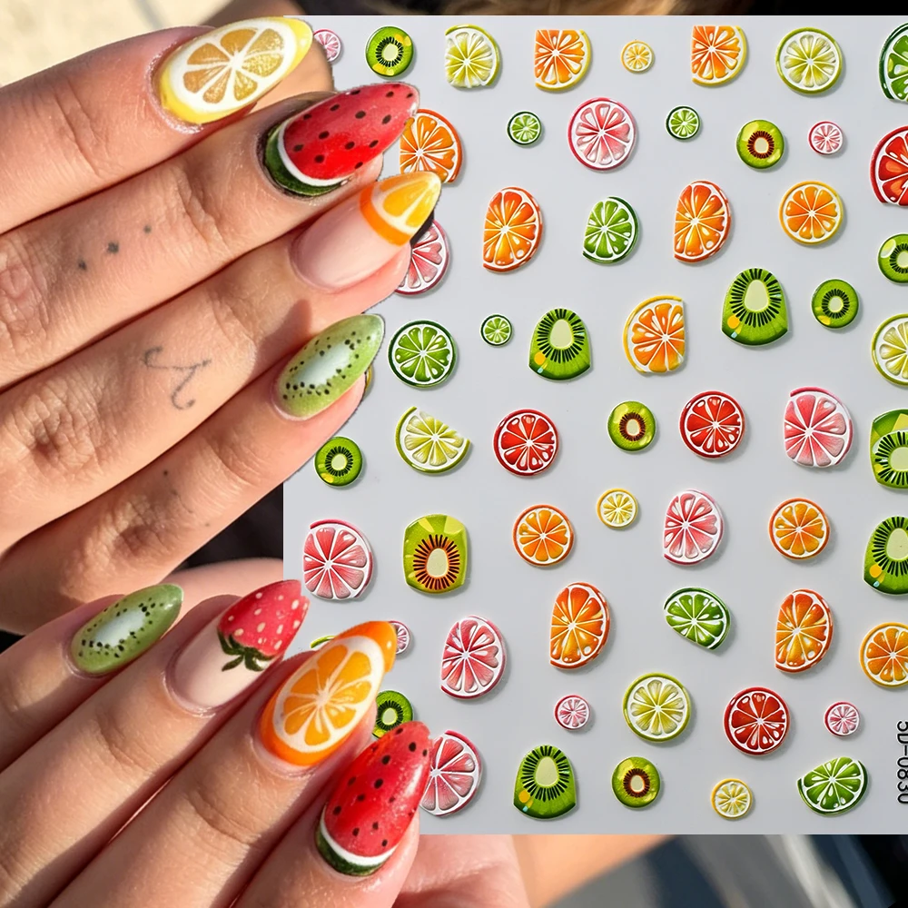 5D Embossed Summer Orange Lemon Kiwi Fruit Nail Stickers Colorful Fresh Fruit Nail Decal Self-adhesive Cute Orange Lemon Slider