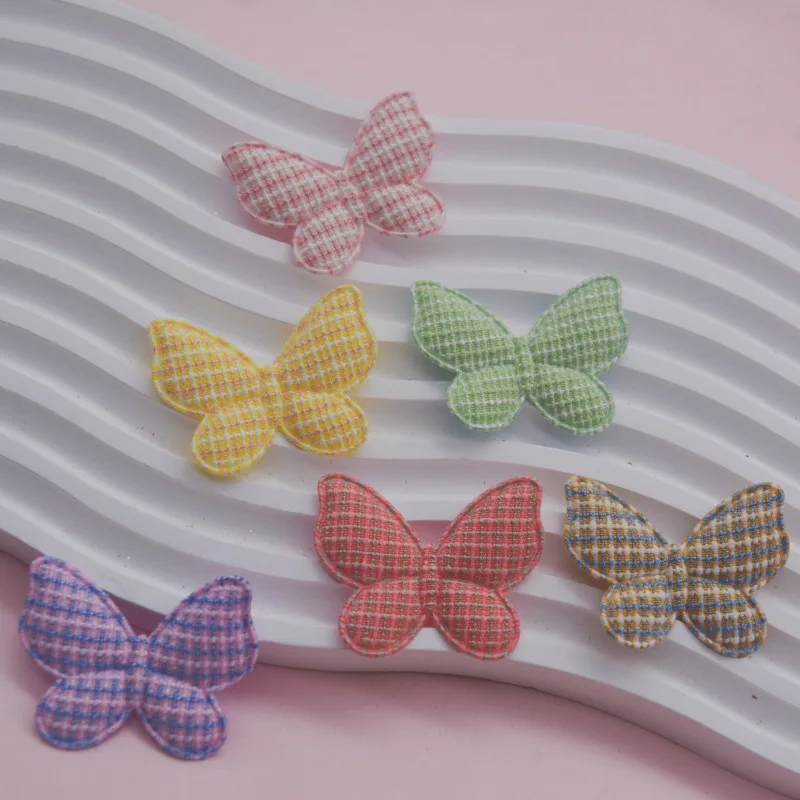 48Pcs 4.3x3.5CM Lattice Fabric Butterfly Padded  Appliques For DIY Hair Clip Accessories Garment Headwear Decor Patches