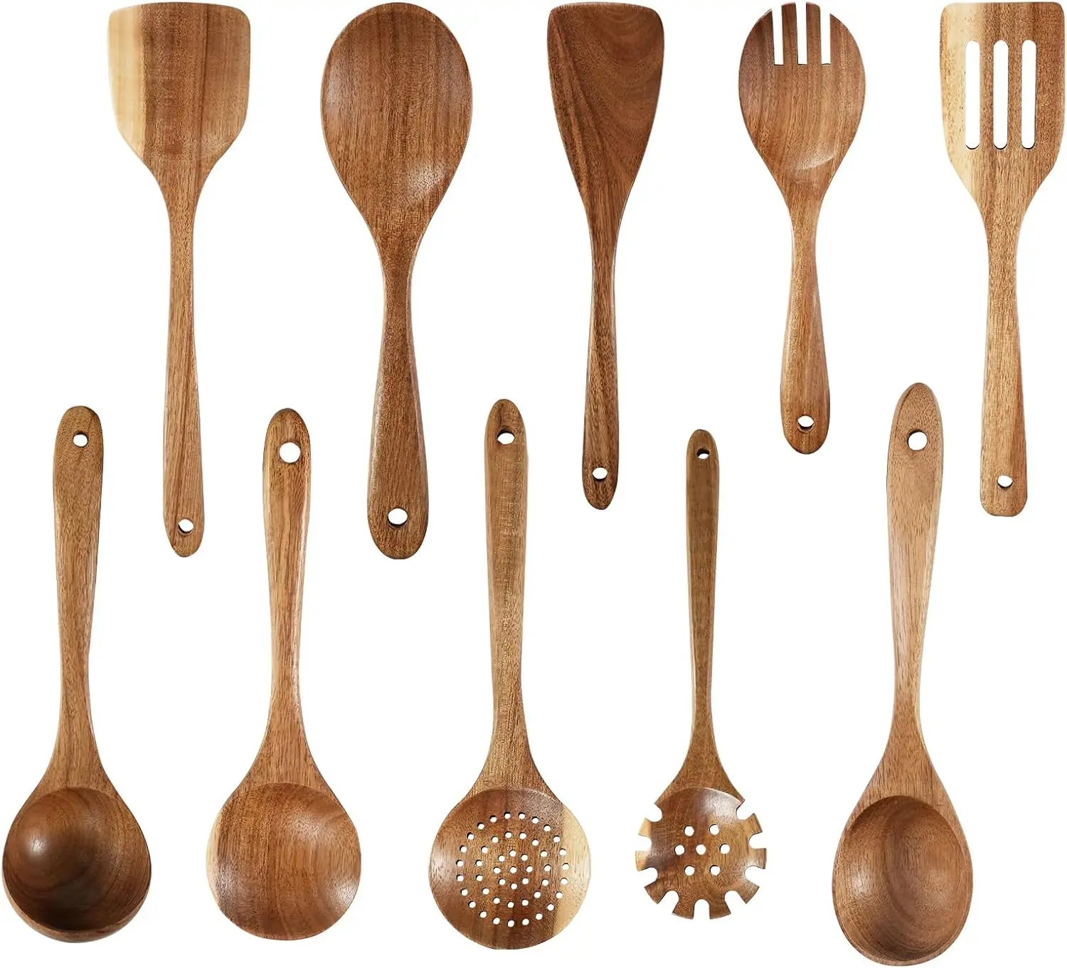 

Handcrafted Acacia Wood Kitchen Utensil Set, 10-PCS Natural Brown Cooking Spoons and Slotted Spatulas, Premium Wooden Se
