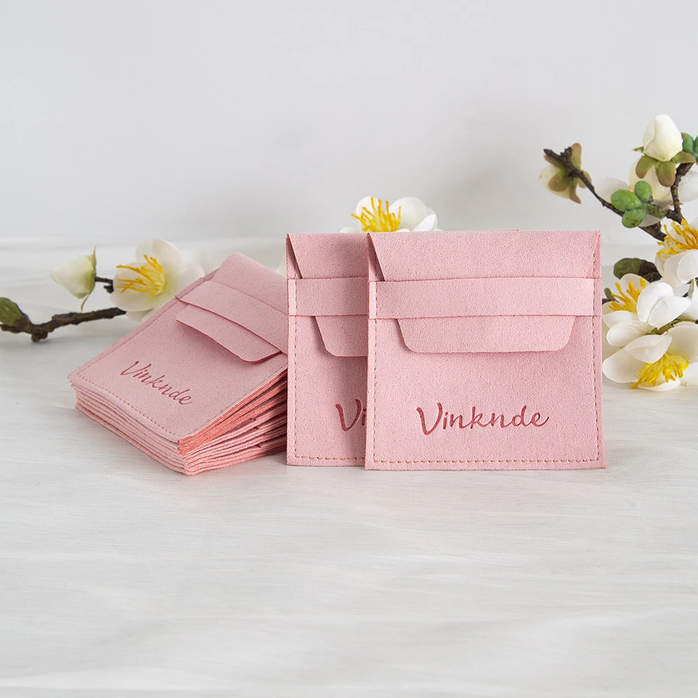 

100Pcs Personalized Logo Pink Jewelry Velvet Gift Bag Microfiber Envelope Flap Pouch Cosmetic Earrings Ring Pendant Necklace Box