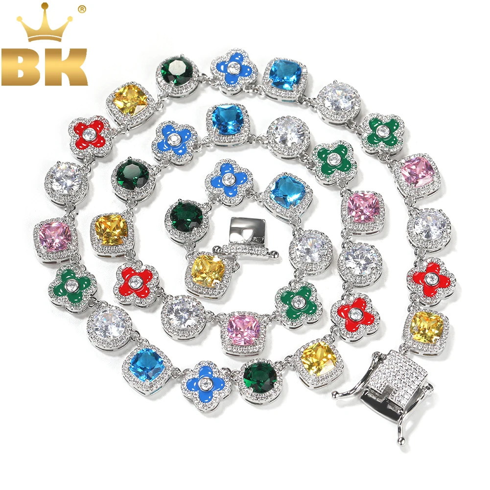 THE BLING KING Enamel Floral Chain Necklace Iced Out AAAAA+ Rainbow Cubic Zirconia Gem Necklace For Men Rock Hiphop Jewelry