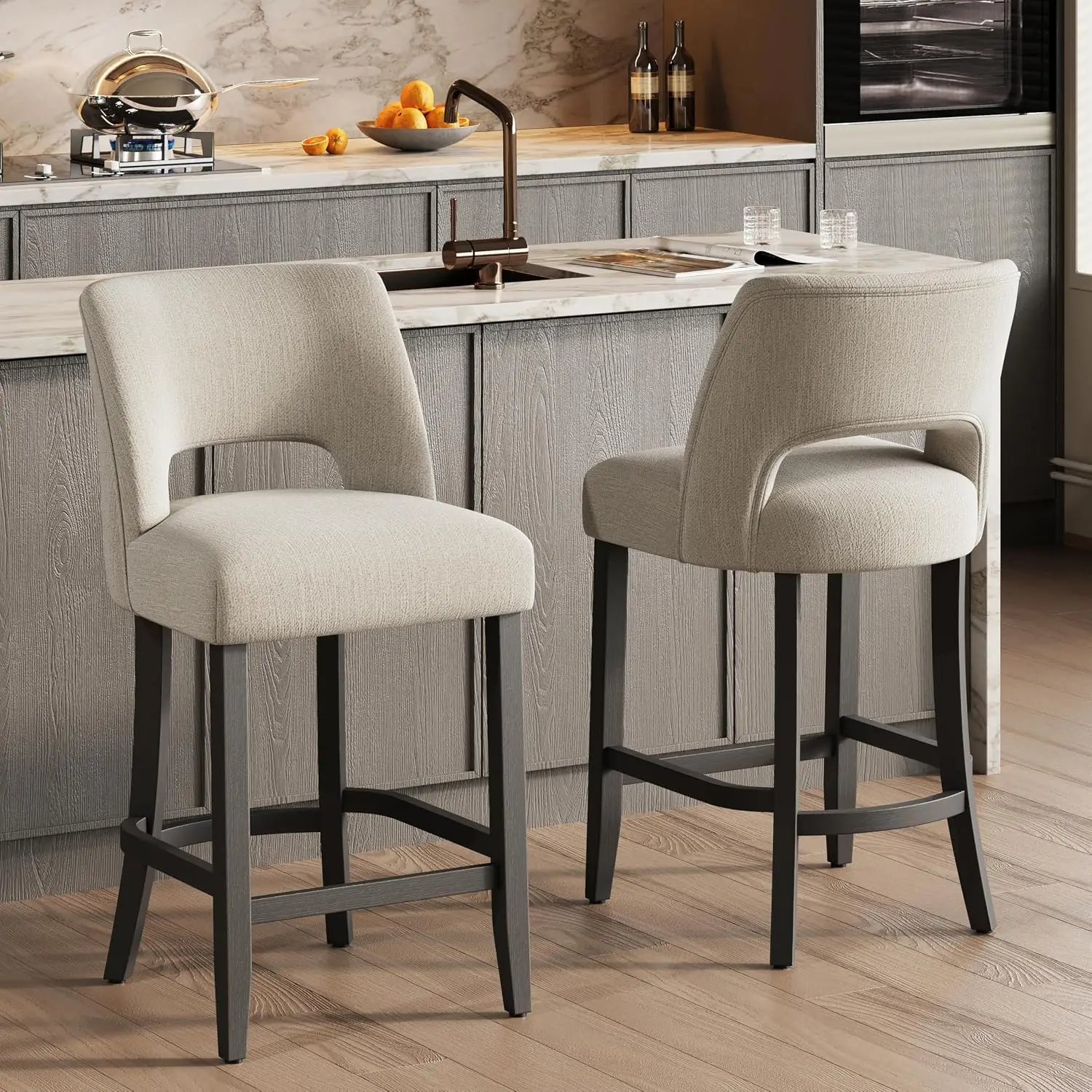 Set of 2 26 Inch Counter Height Bar Stools, Beige Upholstered Chairs with Curved Open Back and Black Rubberwood Legs