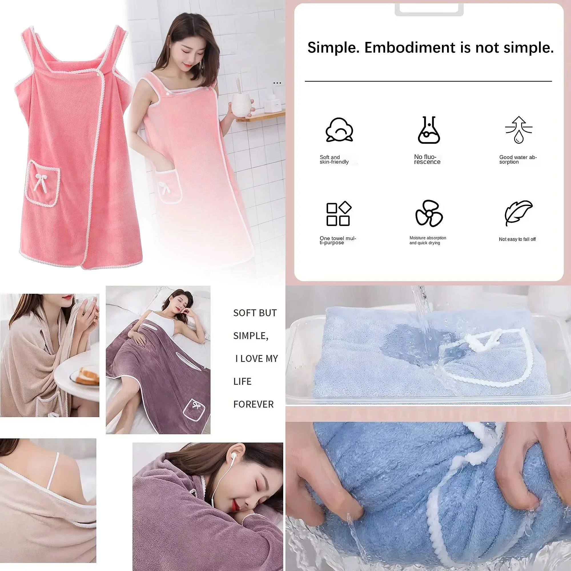 130x80cm Women Thick Bath Towel Wrap, Soft Quick Dry Absorbent Bath Skirt with Pocket Button Straps