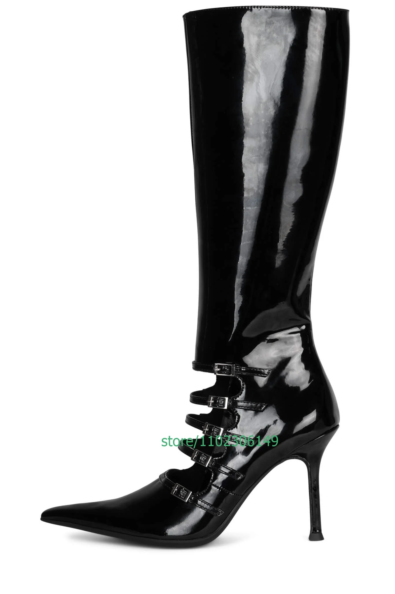 

Lady Pointed-toe Stiletto Knee-high Boots Cut-out Design Multi-buckle Boots Sexy PU Stiletto Heel Summer Fall Dress Shoes Size