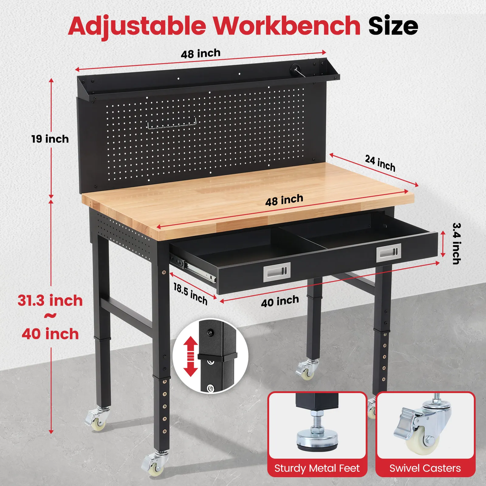 ENJOYWOOD Work Bench for Garage 48 Inch Heavy Duty Rubberwood Top Workbench with Wheels,Pegboard.Drawers,Power Outlets