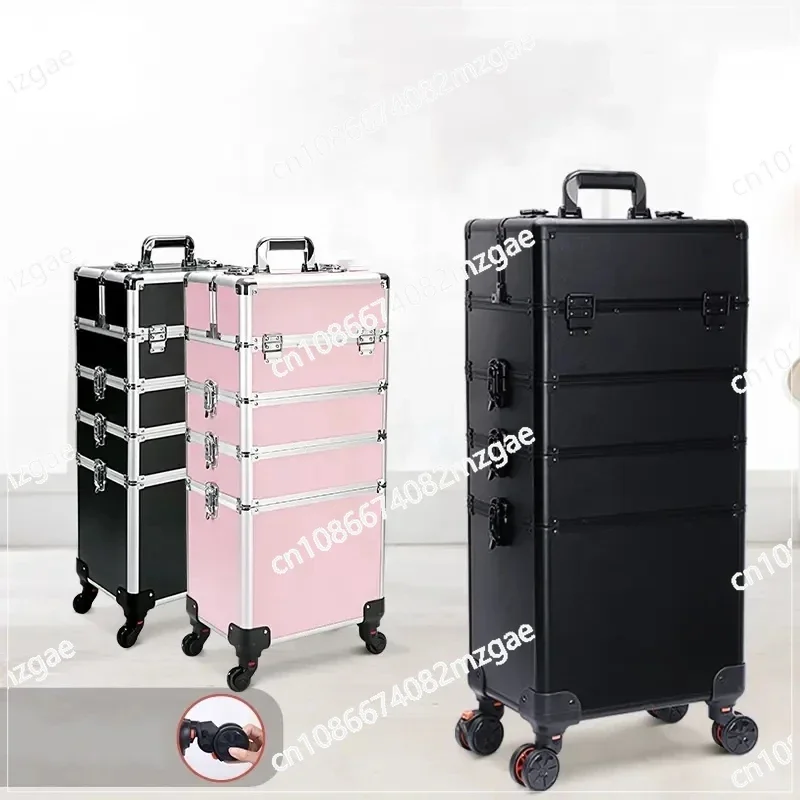 

Professional 4-in-1 Large Aluminum Cosmetic Train Case Nail Polish Organizer Lockable Travel Rolling Cosmetic Trolley Case