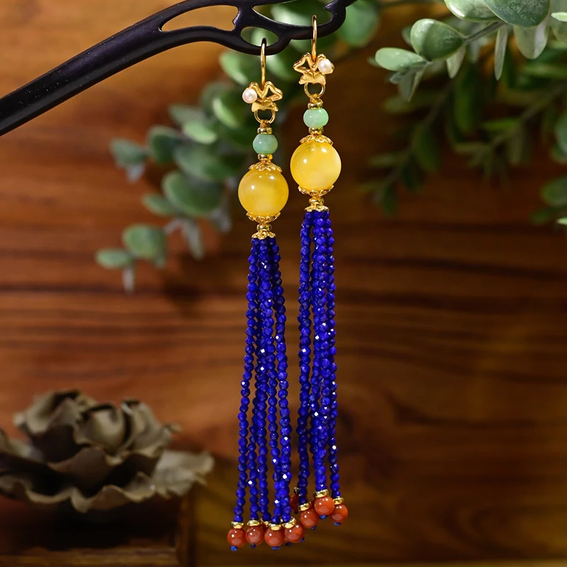 

Cut Natural Lapis Lazuli Earrings, Fringed Long Retro Ethnic Style Pearl Red Agate Yellow Beeswax Various Earrings