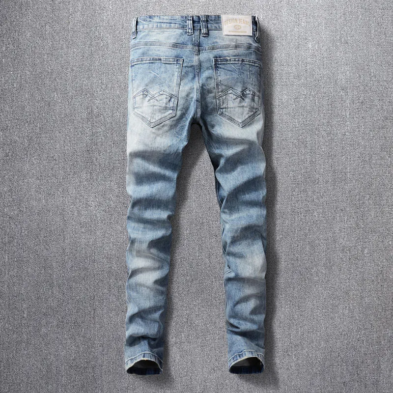 Streetwear Fashion Men Jeans High Quality Retro Light Blue Stretch Slim Fit Frayed Ripped Jeans Men Vintage Designer Denim Pants