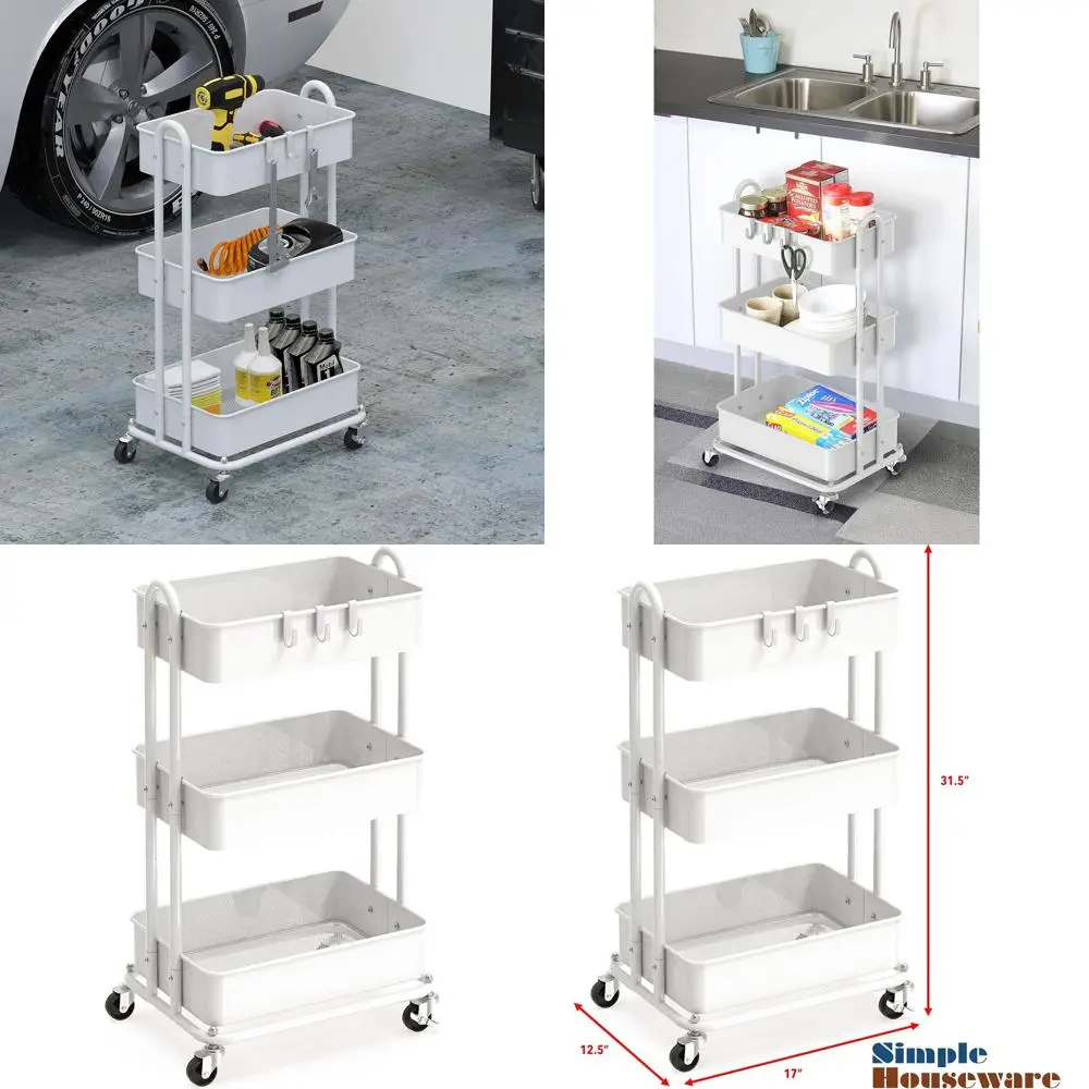 

Sturdy 3-Tier White Metal Utility Cart on Wheels
