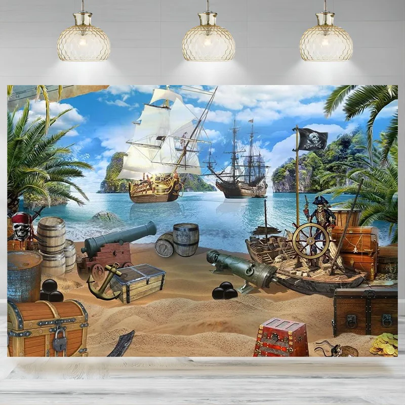 

Pirate Party Backdrop Photography Pirate Ship Nautical Treasure Map Birthday Baby Shower Decorations Banner Background Photo