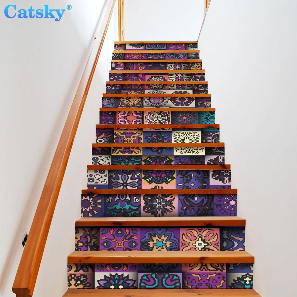 Ethnic Style Printstyle,Mandala,6pcs 13pcs/Set Stair Floor Stickers Waterproof Removable Self Adhesive Diy Stairway Decals