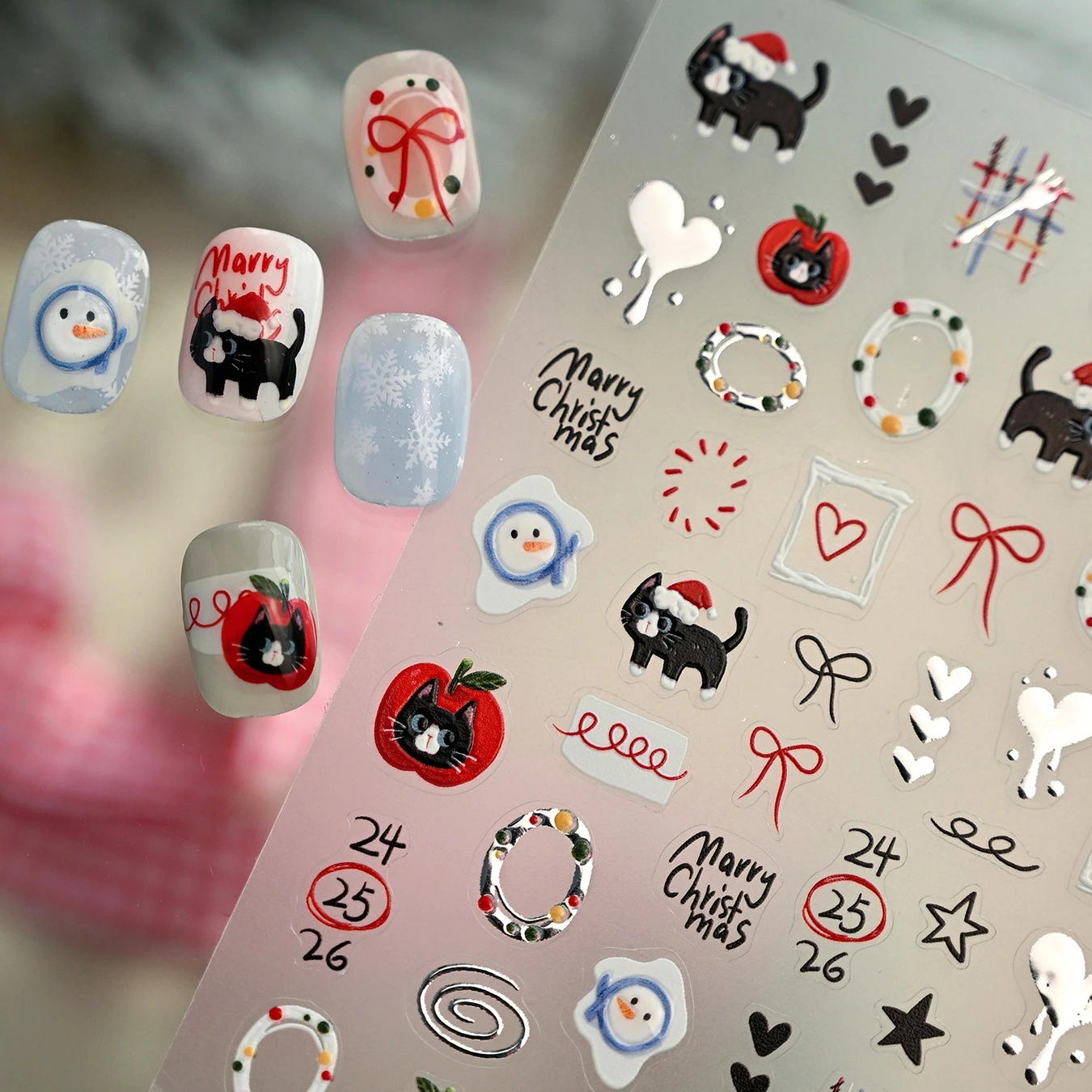 Guirnalda de muñeco de nieve de gato negro, lazo de estrella, Lava, amor, corazón, manzana, sombrero de Navidad, conejo, pegatinas autoadhesivas para decoración de uñas, calcomanía para manicura