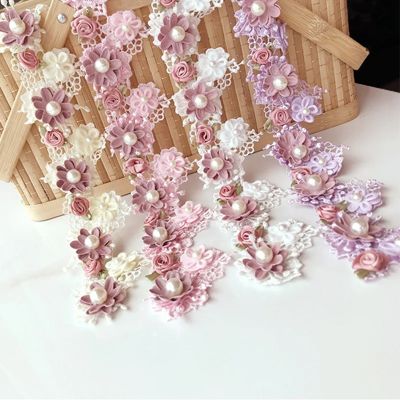 

15 Yards Rose Flower Pearl Embroidered Lace Trim Ribbon Fabric Sewing Applique Supplies Craft For Costume Dress Hat Decoration