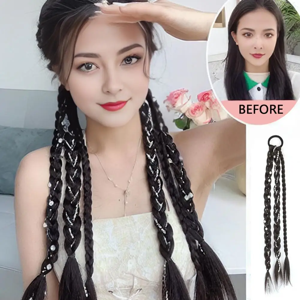 45cm Women Long Braided Ponytail Extension With Hair Tie Faux Pearls Fluffy Straight Wrap Around Ponytail Synthetic Hairpiece