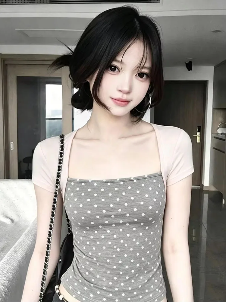 Y2k Aesthetics Wave Point Fake Two Pieces Tops Harajuku Sexy Square Collar Grunge T-shirt Streetwear Patchwork Vintage Tshirts