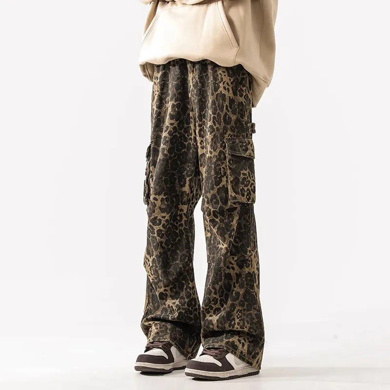 

2024 New American Street Oversized Leopard Print Cargo Pants Y2k Grunge High Waist Straight Trousers Spring Loose Wide Leg 2000S