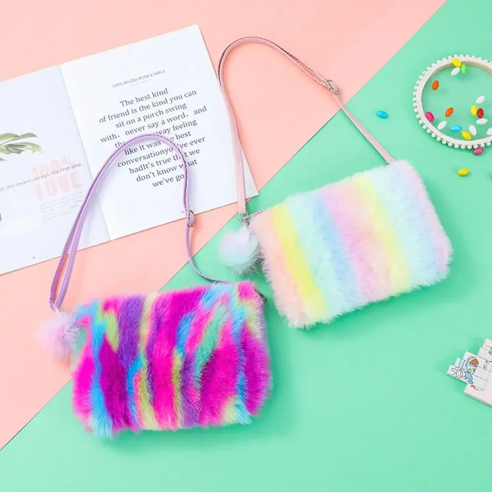 Rainbow Plush Shoulder Bag Colorful Fur Handbags Women Fashion Crossbody Bags Girls Handbag Adjustable Belts Furry Satchels