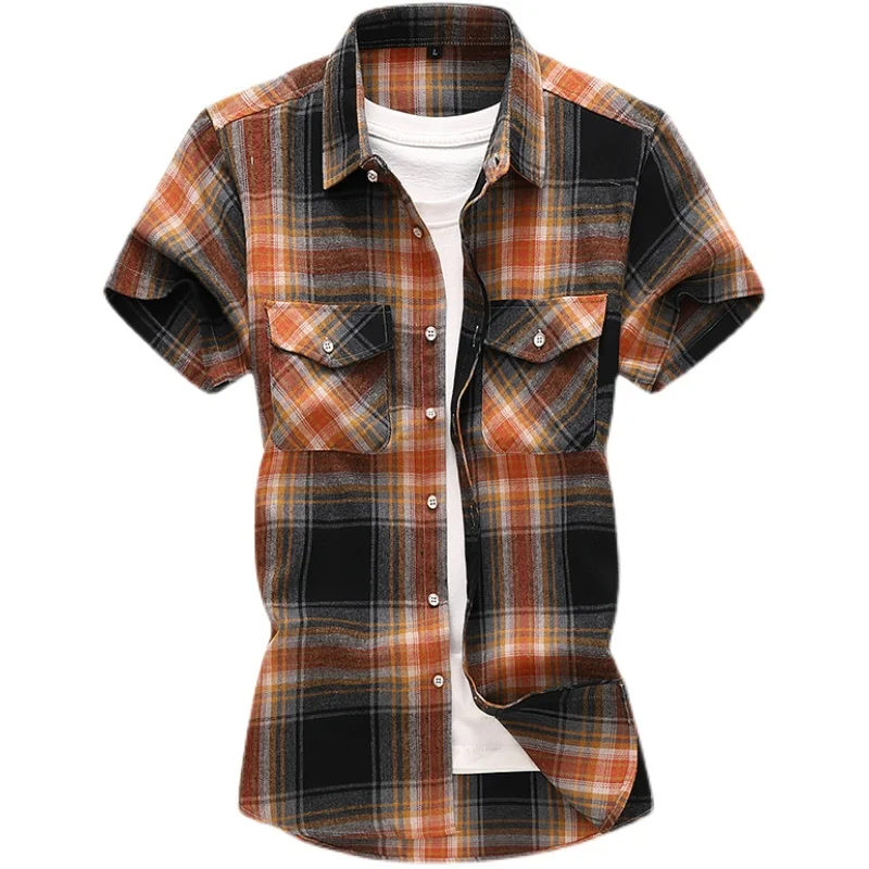 Mens Plaid Button Up Shirt Short Sleeve Casual Chemises Tops 7XL Vinatge Summer Double Pocket Men Designer Clothes Work Shirts