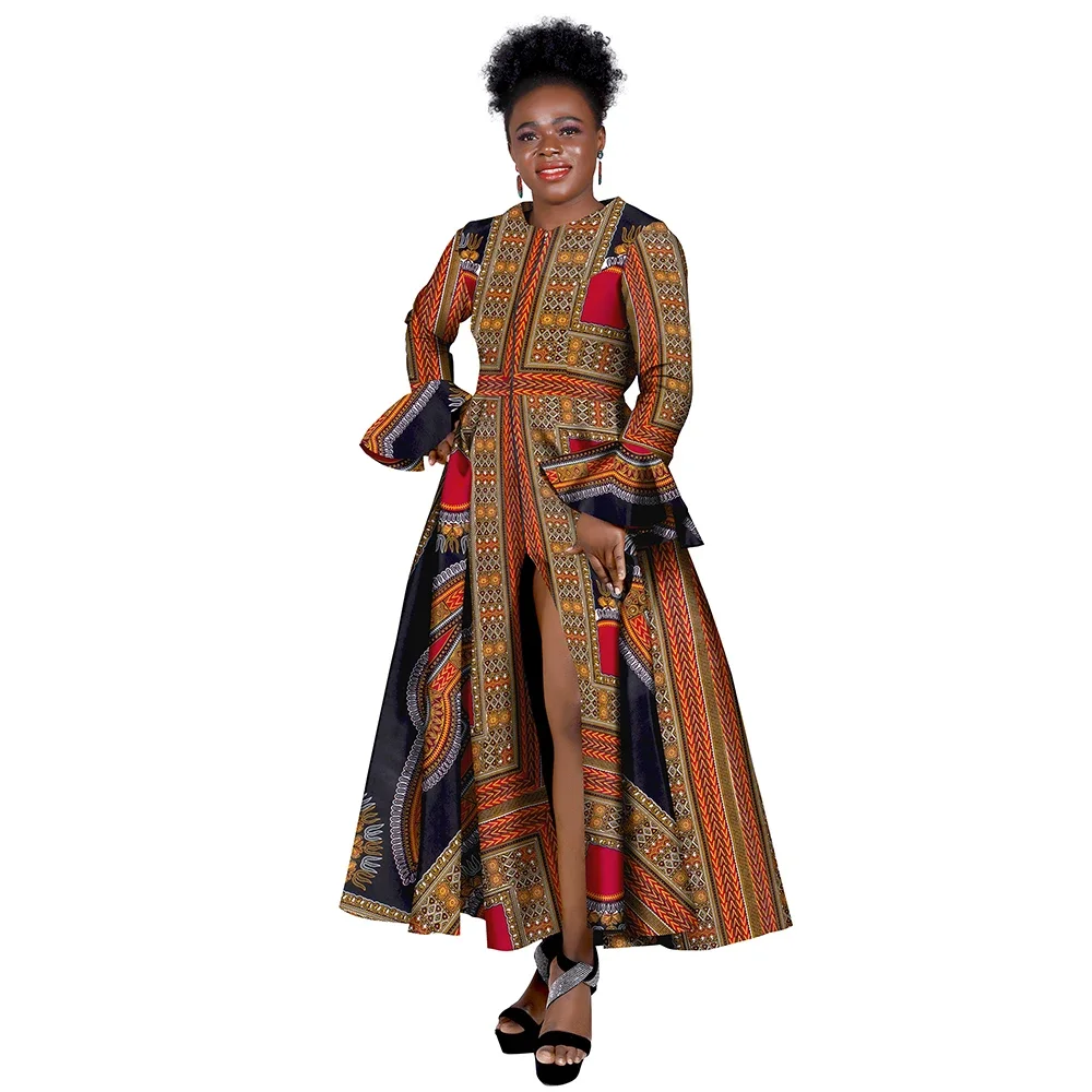 

African Clothes for Women Wax Print Ankara Long Sleeve Bazin Women Dresses Plus Size African Women Clothing WY8812