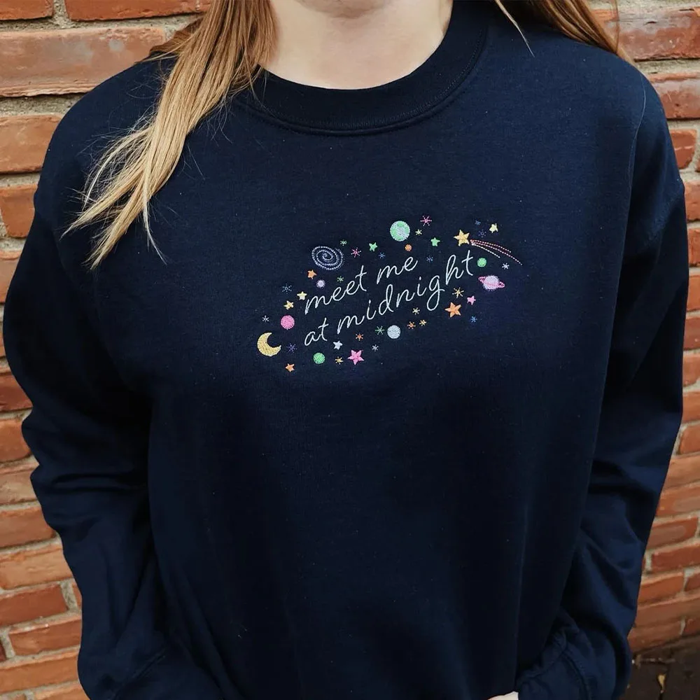 Meet Me At Midnight Space Embroidered Sweatshirts Women Vintage Style Autumn Winter Thick Fleece Warm Pullover Casual Crewneck