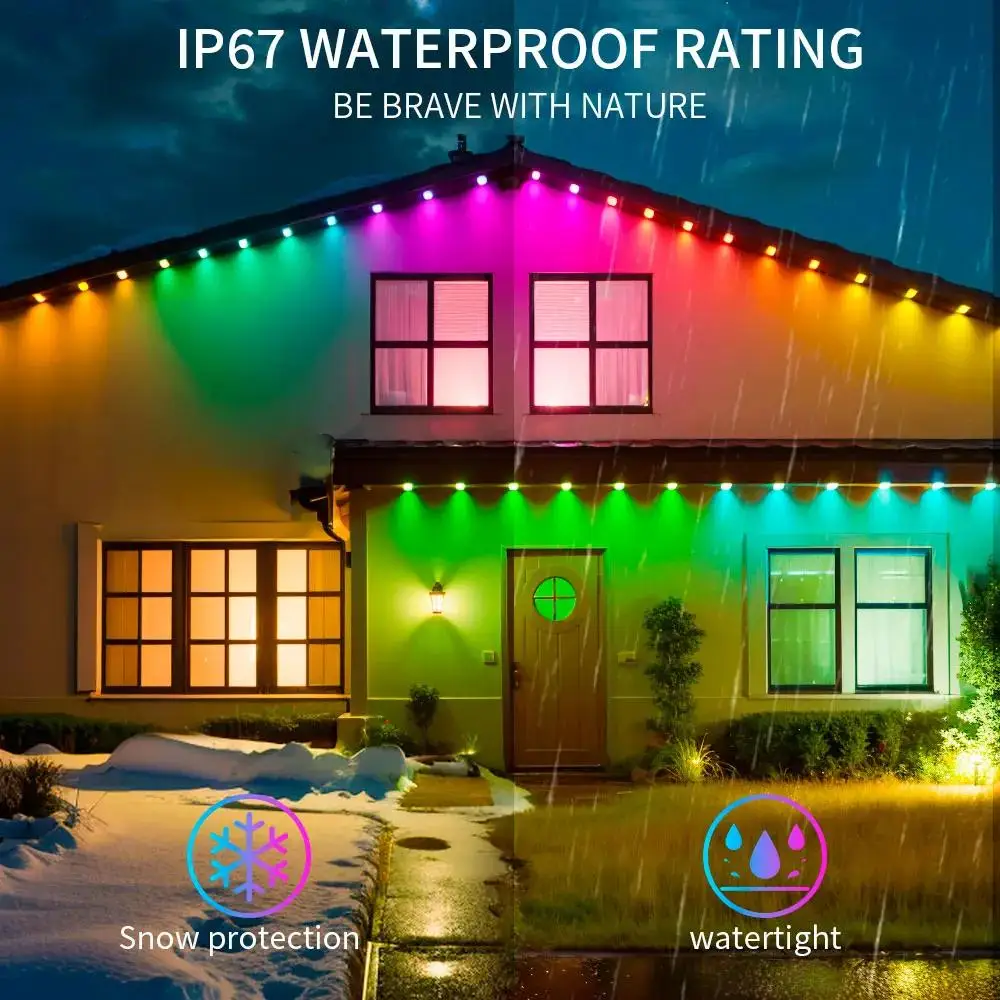 15M Permanent Outdoor Eaves LED Lights String APP RGB Light Strip  Bluetooth with DIY Scene Modes Lighting