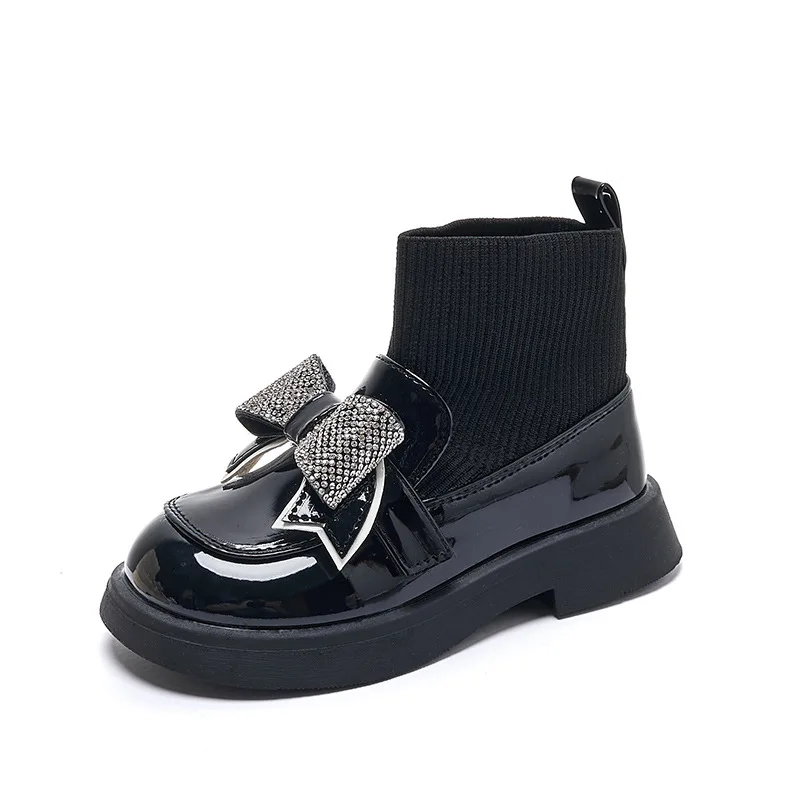 Children Ankle Boots for Girls Hook & Loop 2023 Glossy Simple Rhinestones Bow Casual Princess Sock Boots Casual Kids Fashion PU