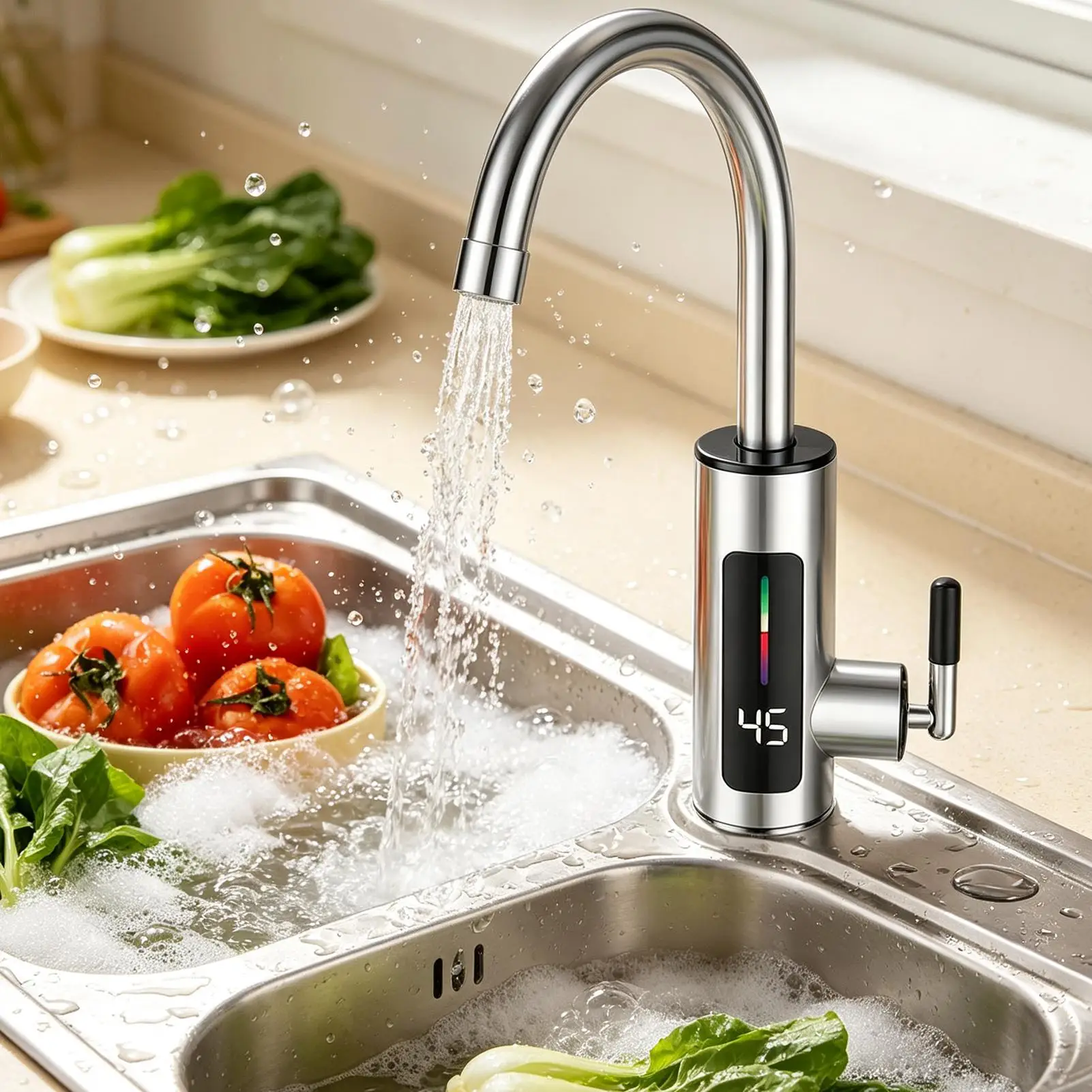 Kitchen Faucet Touchless Sensor 360 Rotation Water Tap with Temperature Display Single Handle Stainless Steel Mixer RV Bar Boat