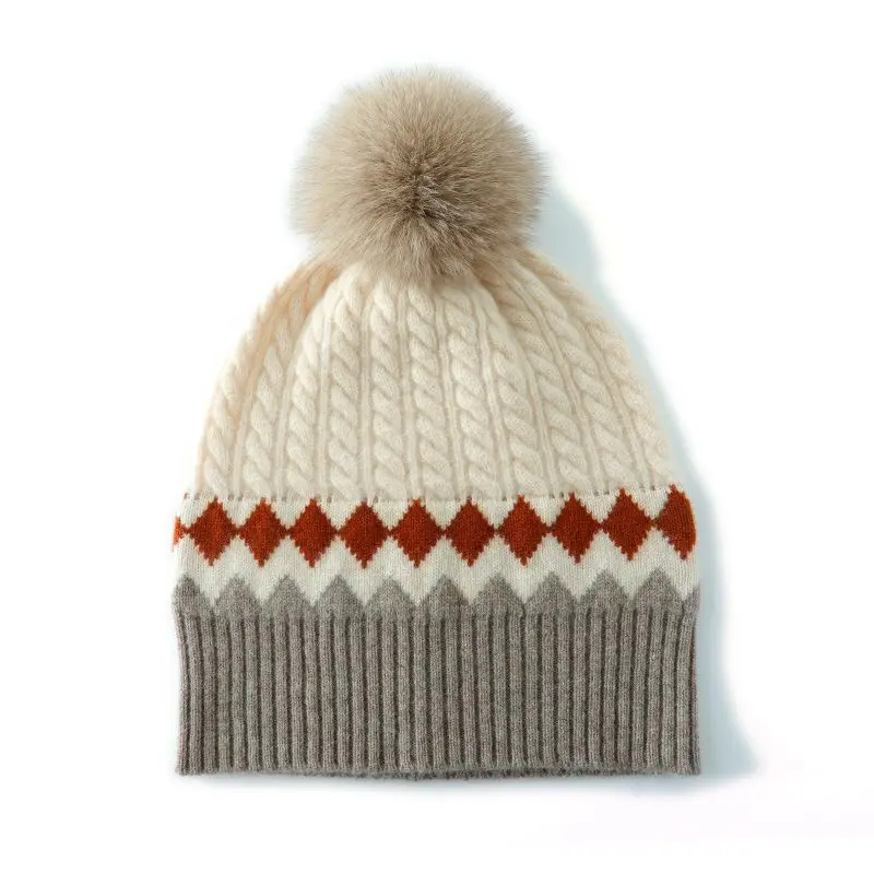 100% pure wool hat autumn winter women warm and thick natural fox fur ball hat knitted ear protection hat twisted cold hat
