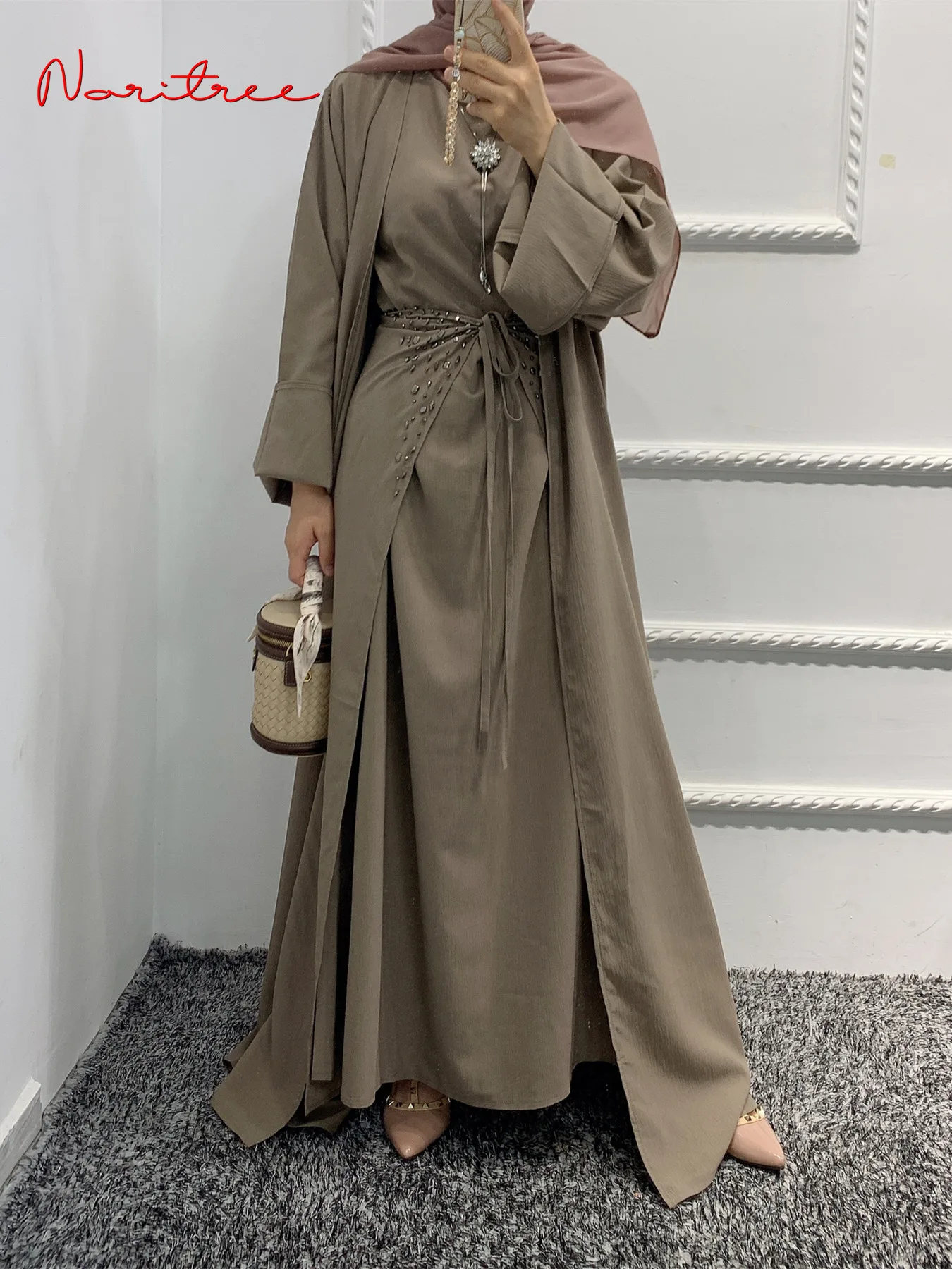 Diamond Silky Djellaba Muslim Dress 3 Pieces Muslim Suits Elegant Long Islamic Abayas Women Modest Wear Clothing EID Sets WY442