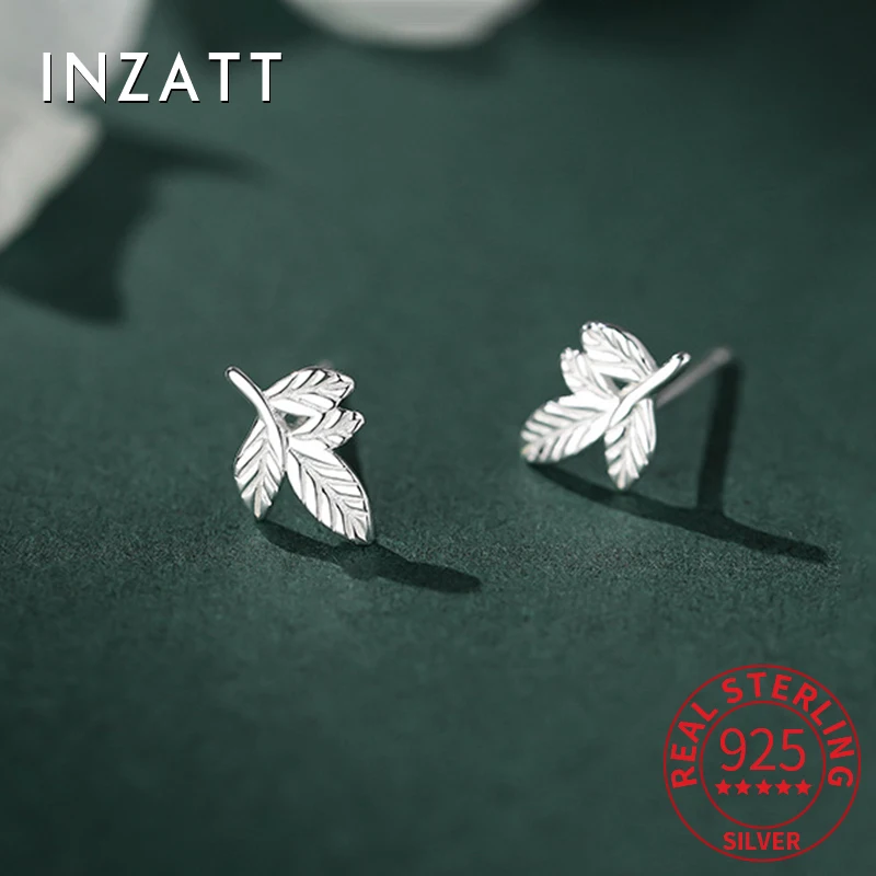 

INZATT Real 925 Sterling Silver Minimalist Leaves 14k Gold Tiny Stud Earrings for Women Trendy Fine Jewelry Plant Accessories