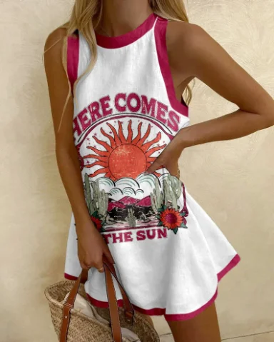 

Women's Puzzle Print Summer Mini Dress Sleeveless Casual Vest O-neld Beach Dress Women's Retro Fashion Design Skirt