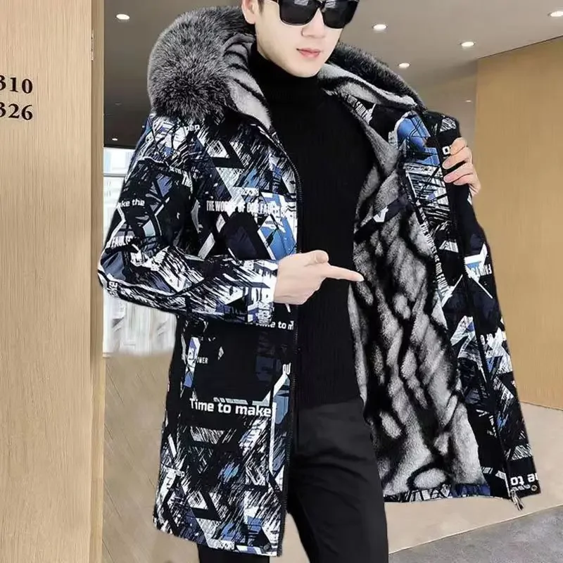 Cotton-Padded Coat Winter Men's Warm Parkas Coat Fashionable Mid-Length Thickened Jacket Brand Letter Print Fur collar