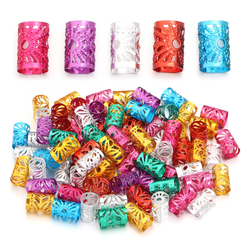 

100PCS Aluminum Ring Braided Buckle Hair Ring Wig Hollow Out Sun Embossed for Hair Braiding Metal Cuffs Decoration Accessories